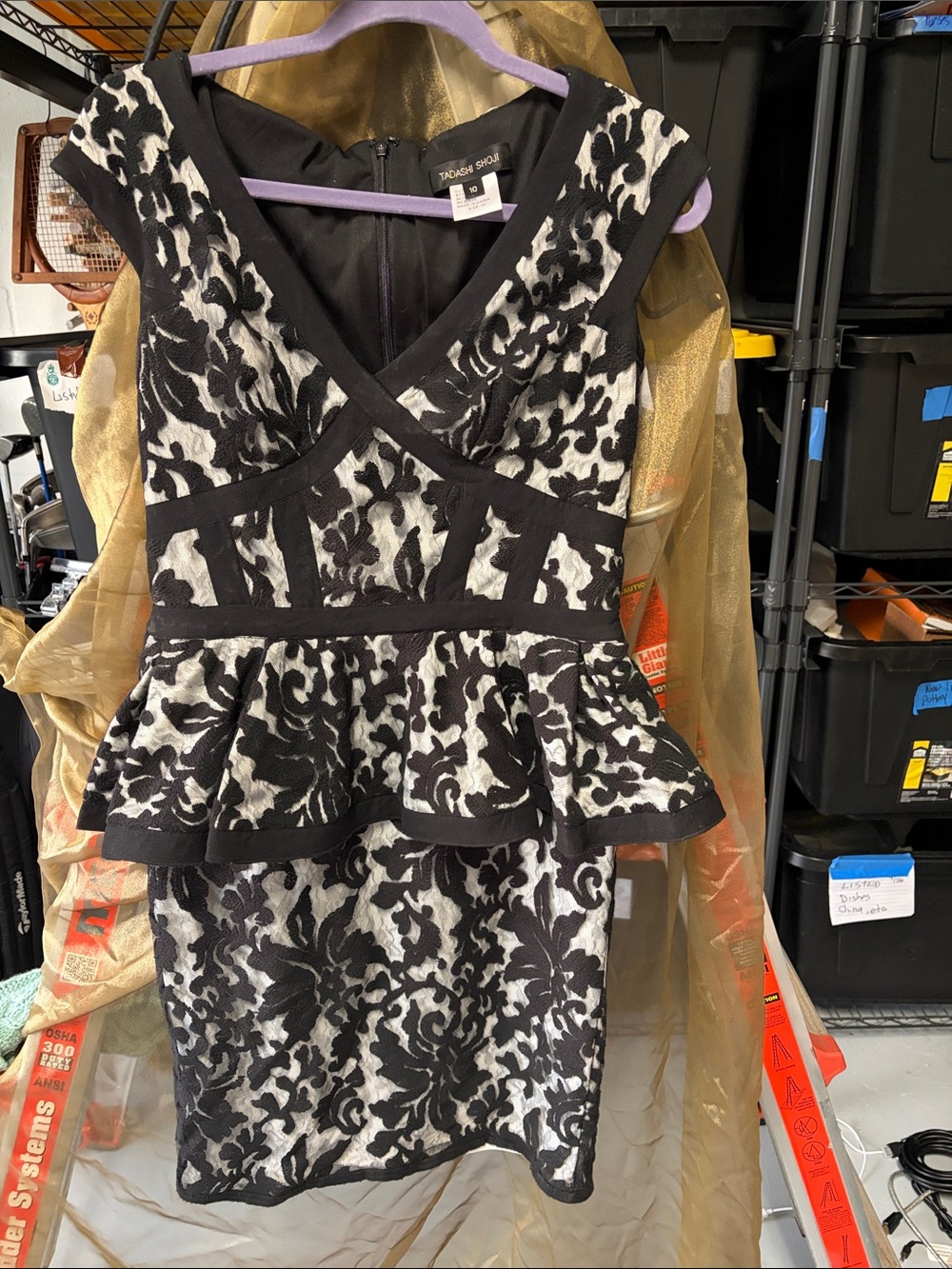Tadashi Shoji Black and White Lace Peplum Dress 10